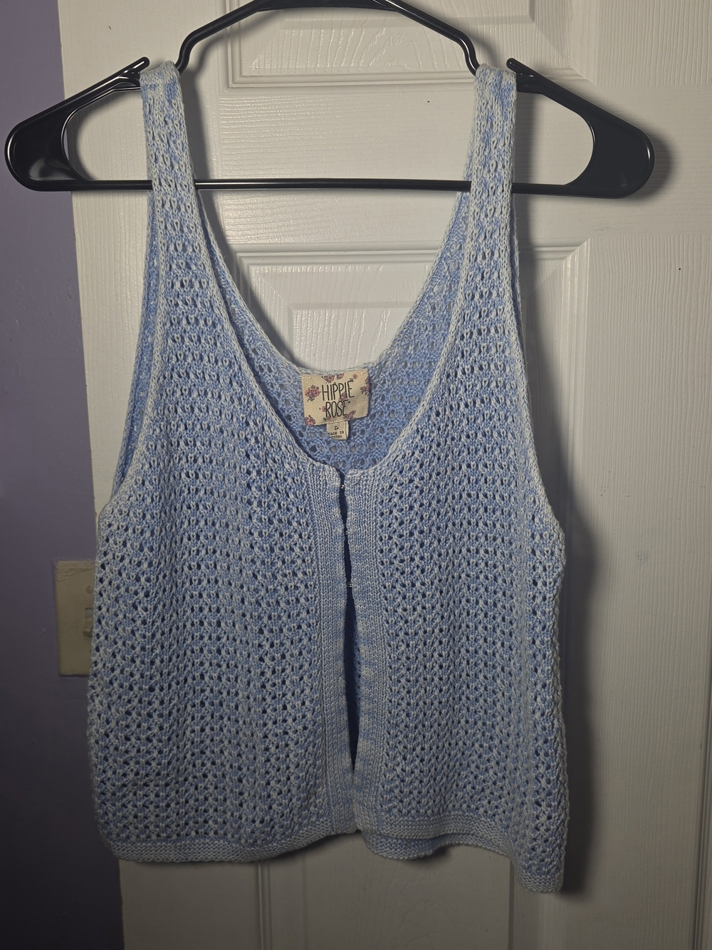 Hippie Rose Blue Crochet Open Knit Tank Vest Size Large Boho Hook Eye